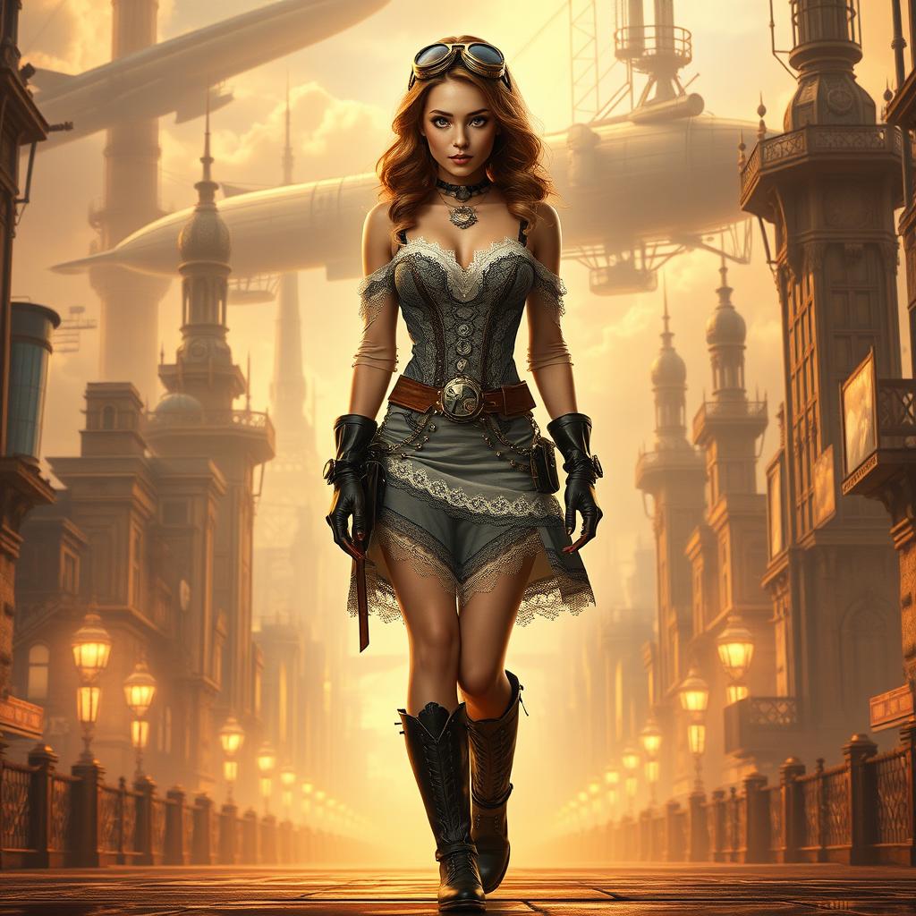 An extremely realistic full-body portrayal of a stunning steampunk girl in a short, intricately designed dress, confidently walking towards the camera