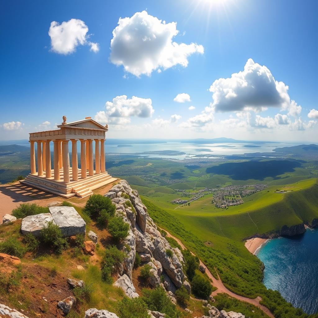 A breathtaking panoramic view of an ancient Greek temple situated majestically on a hillside, overlooking a vast green valley with rolling hills and a shimmering blue sea at the bottom