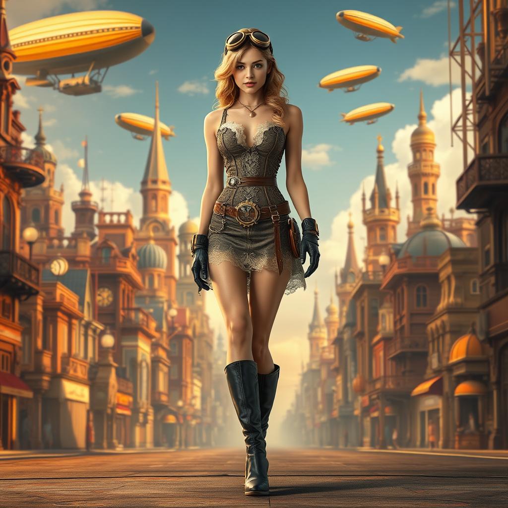 An extremely realistic full-body depiction of a stunning steampunk girl in a short, intricately designed dress that accentuates her long legs