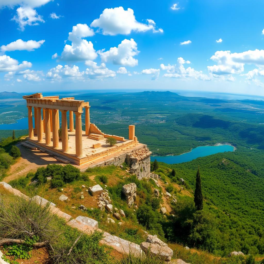 A stunning panoramic view of a broken ancient Greek temple, with fractured columns and remnants of its former glory, situated on a hillside