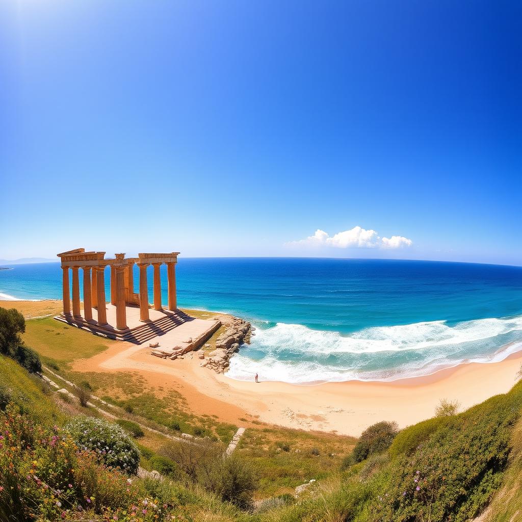 A panoramic view of ancient Greek temple ruins situated on a beautiful plain with a stunning sea in the background