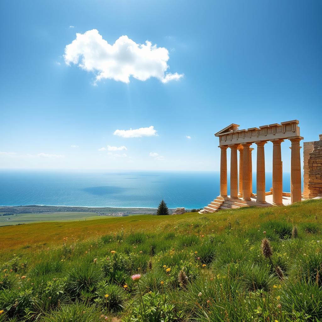 A panoramic view of the ruins of an ancient Greek temple, featuring majestic columns partially standing amidst the scenic landscape