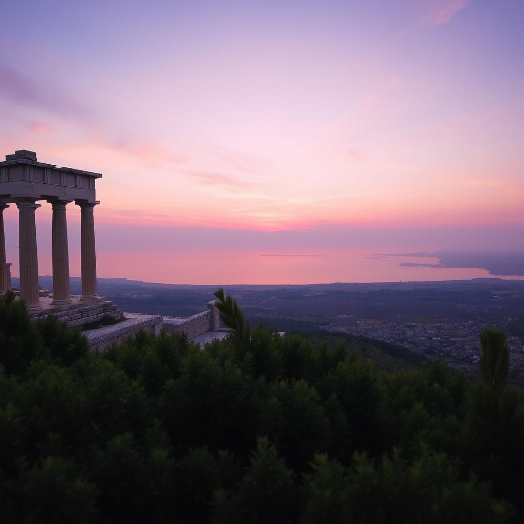 An ancient Greek temple in ruins, beautifully captured from a panoramic perspective, overlooking a vast plain that extends into the horizon