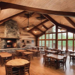 A large, welcoming camp administration building with an indoor gathering area featuring a cozy fireplace. A dining hall is attached, designed to comfortably accommodate 80 persons, expressing a feel of rustic elegance.