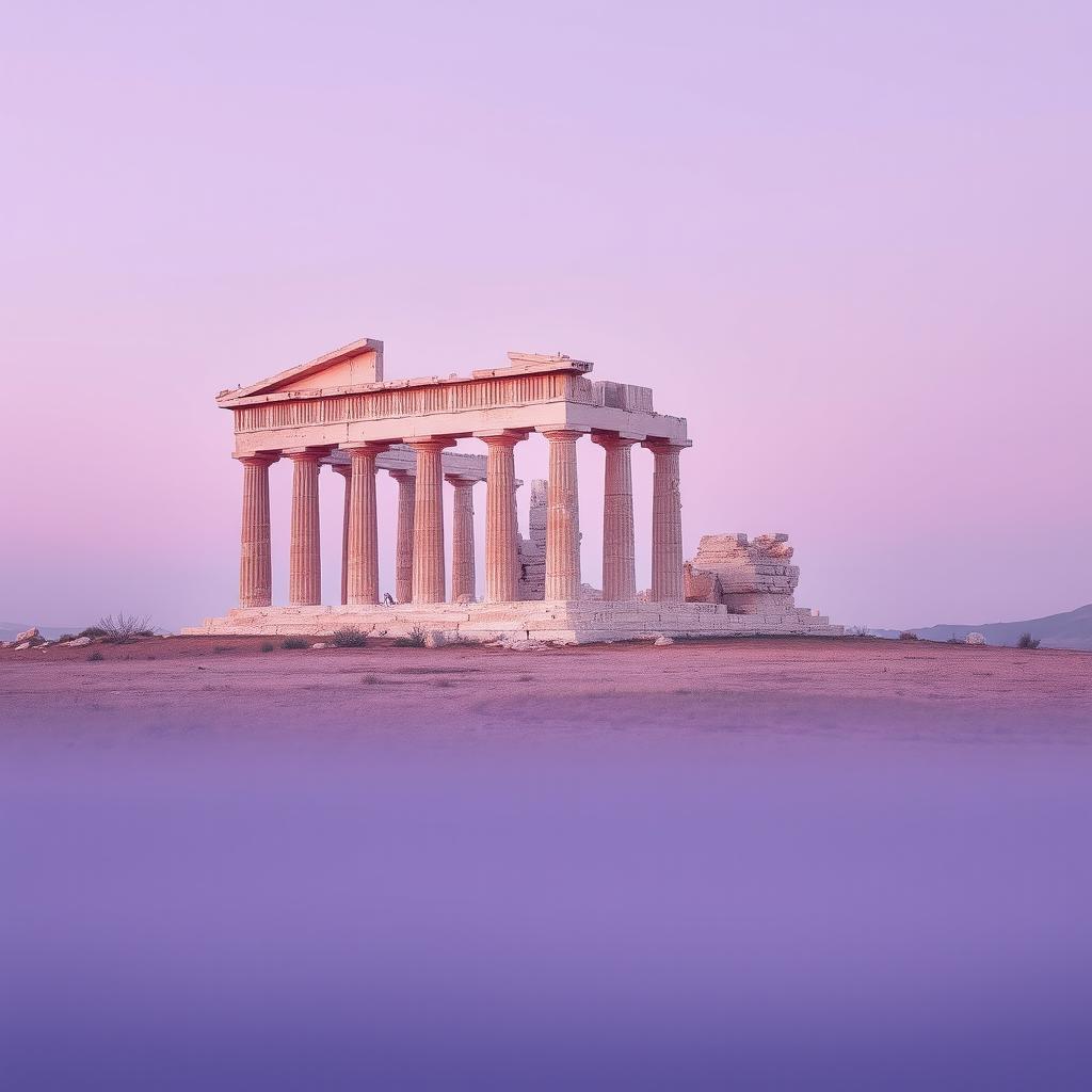 An ancient Greek temple, beautifully broken and weathered, captured in a panoramic view