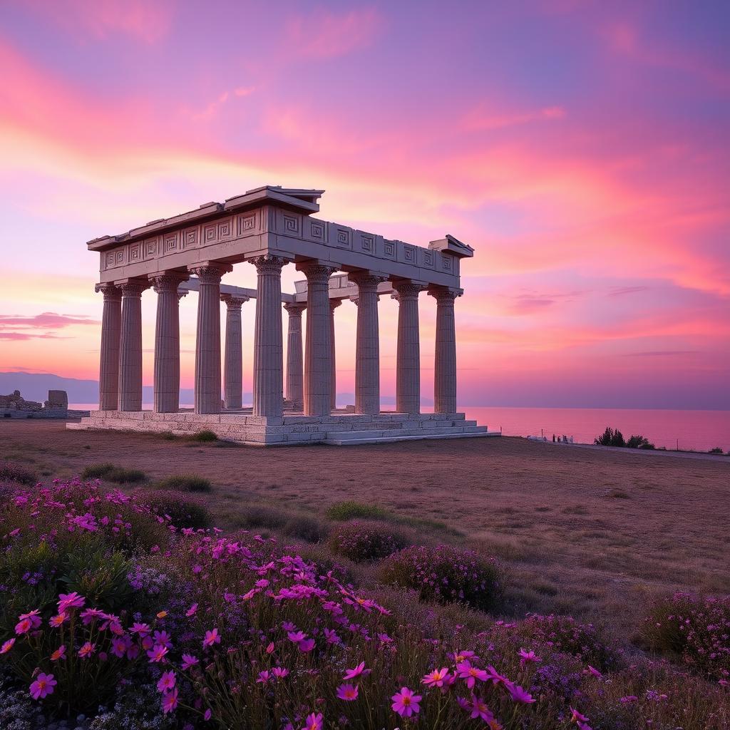 An ancient Greek temple in ruins, showcased in a panoramic view