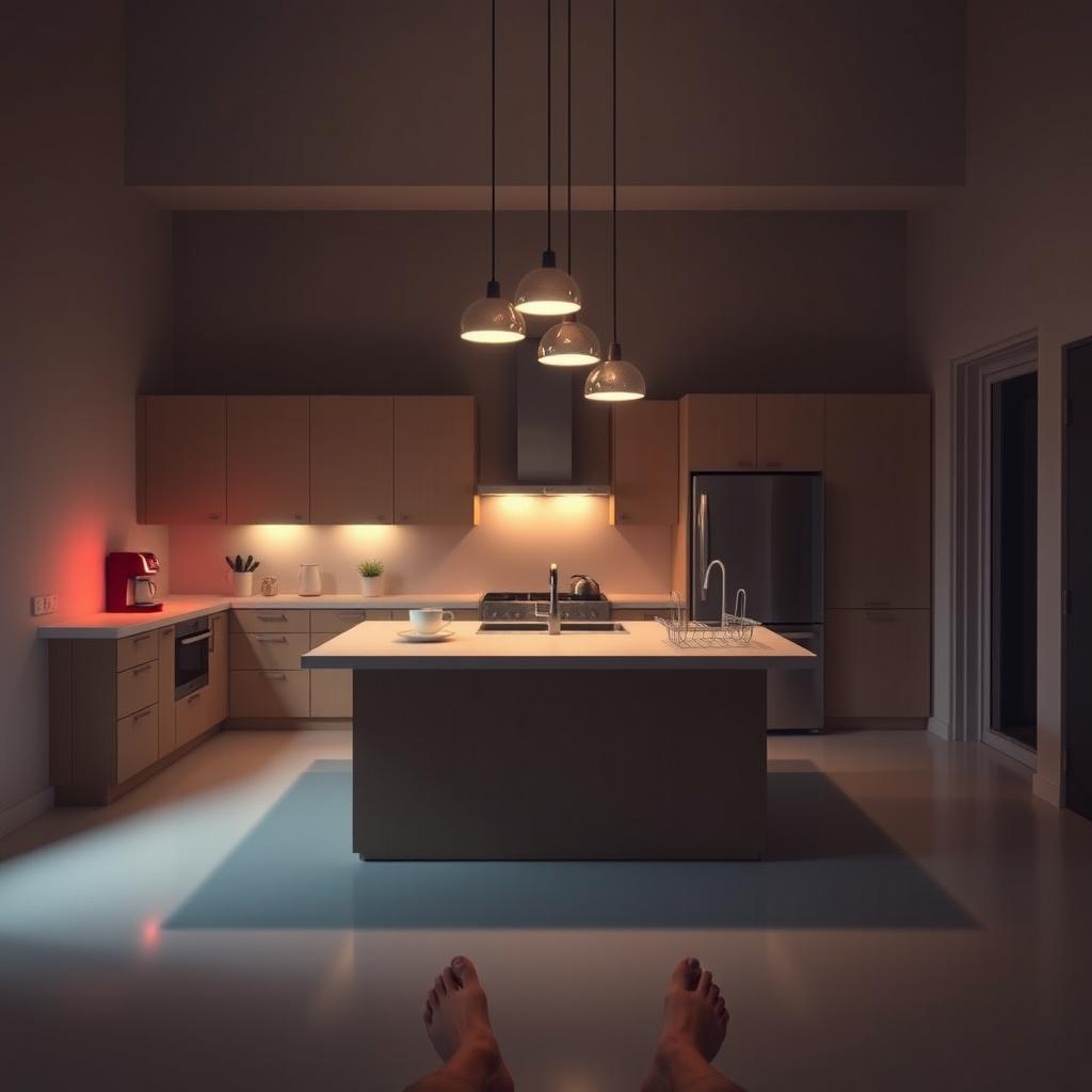 A spacious, dimly lit modern kitchen with a center island
