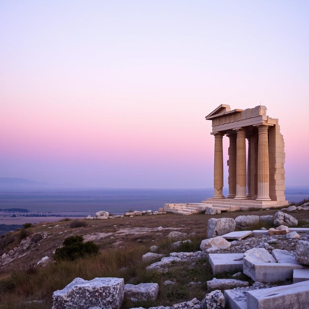 A panoramic view of a broken ancient Greek temple, set against a vast plain with the sea in the foreground