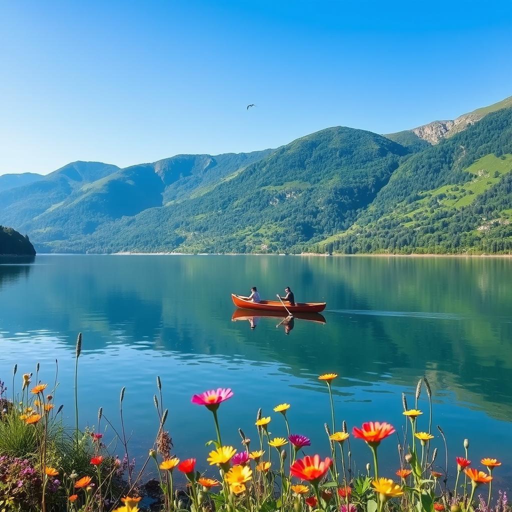 A serene landscape featuring a tranquil lake surrounded by lush green mountains under a clear blue sky