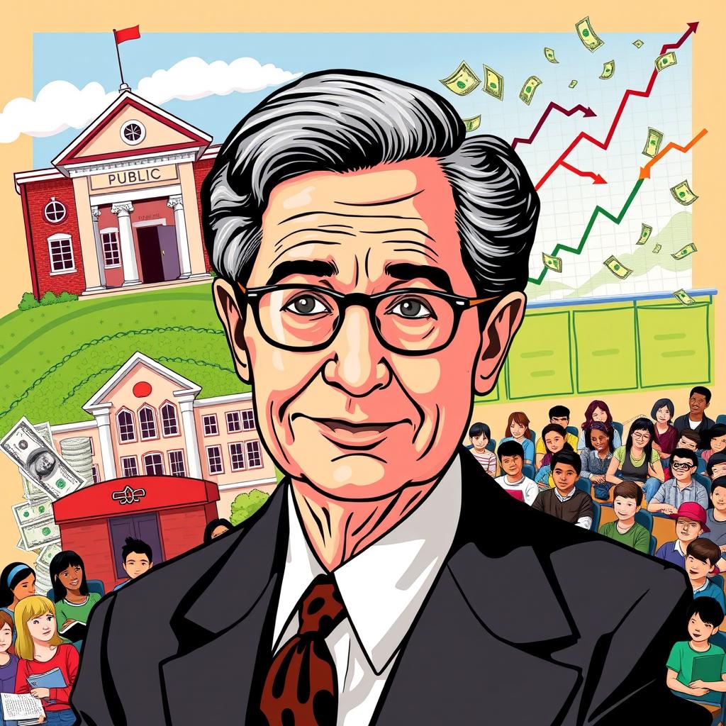 A vibrant illustrated portrait or high-quality photograph of Milton and Rose Friedman, emphasizing their role as intellectuals in economics and education