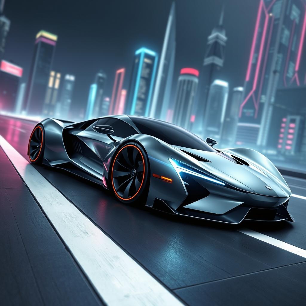 A striking digital illustration of a futuristic sports car, depicted in a side view with the front facing towards the left side of the image
