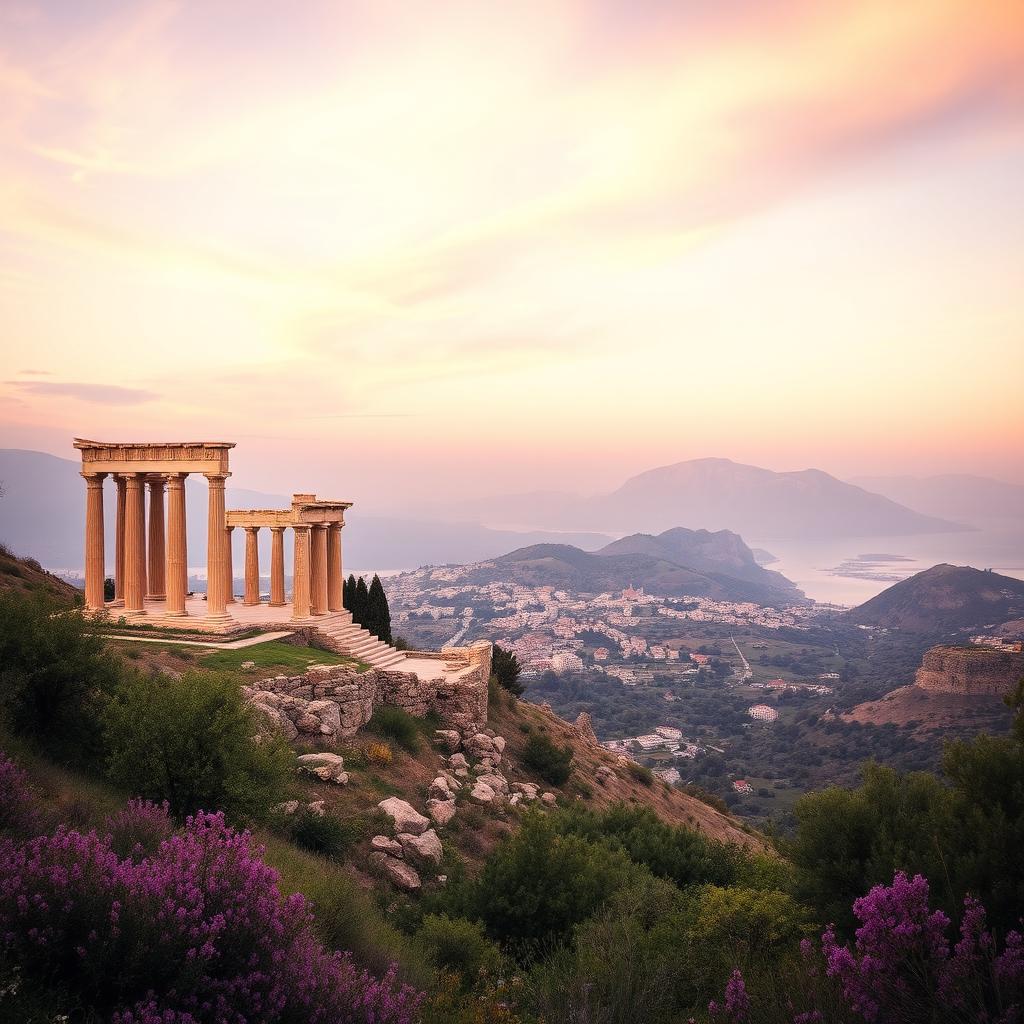 A panoramic view of ancient Greek temple ruins set against a picturesque landscape, showcasing a serene valley with a quaint village in the distance