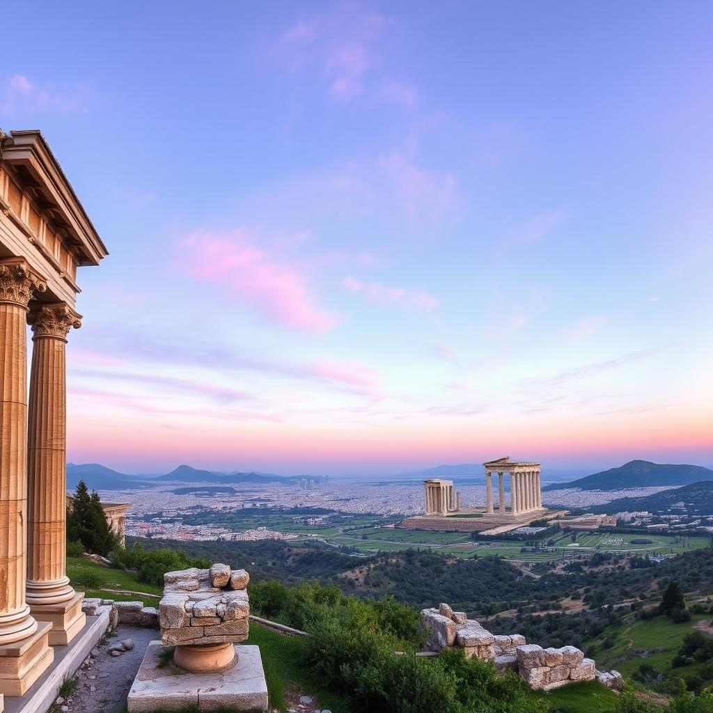 A panoramic view of the ruins of an ancient Greek temple set against a sprawling valley, with the distant city of Athens appearing softly in the background