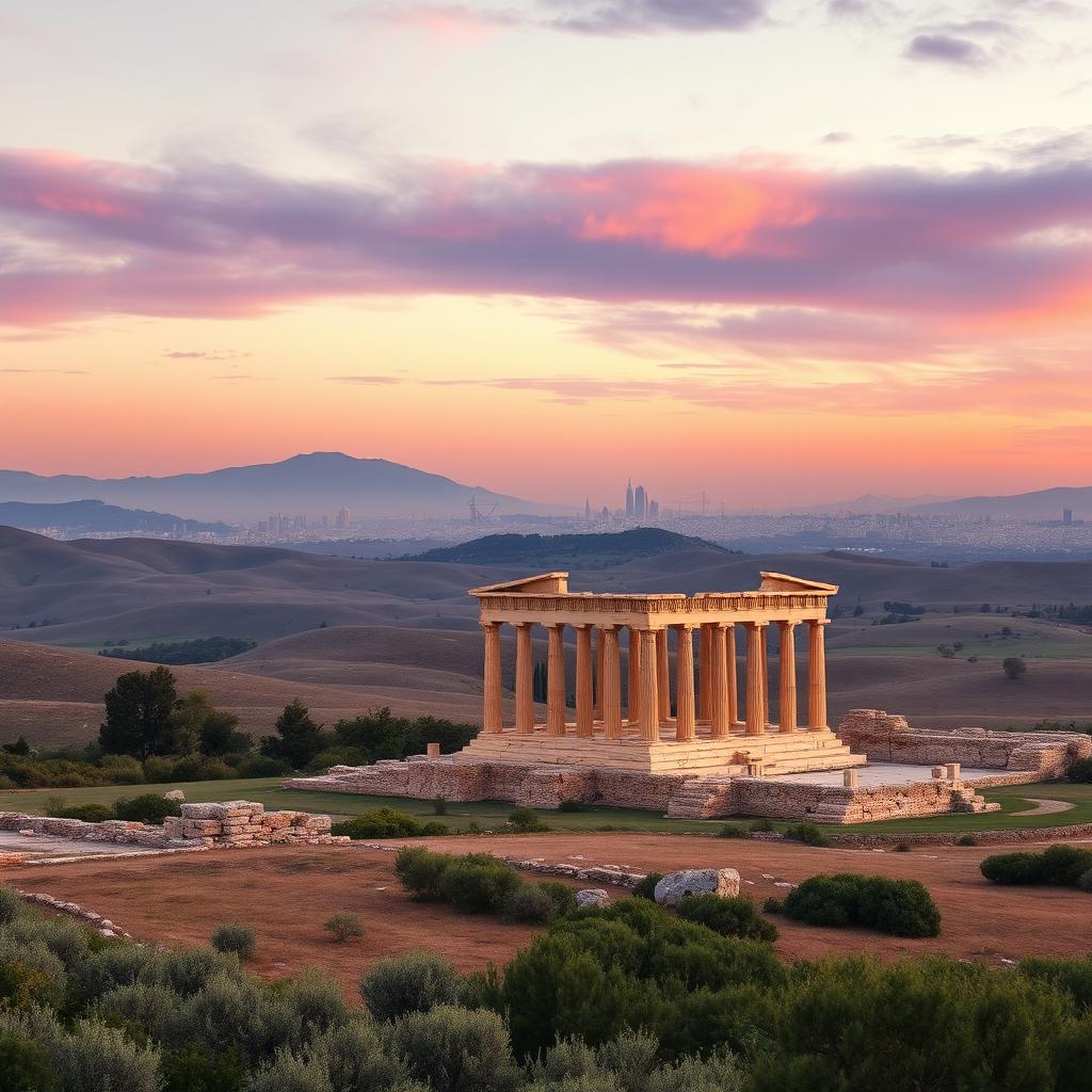 A panoramic view of the ruins of an ancient Greek temple amidst a serene landscape, with rolling plains