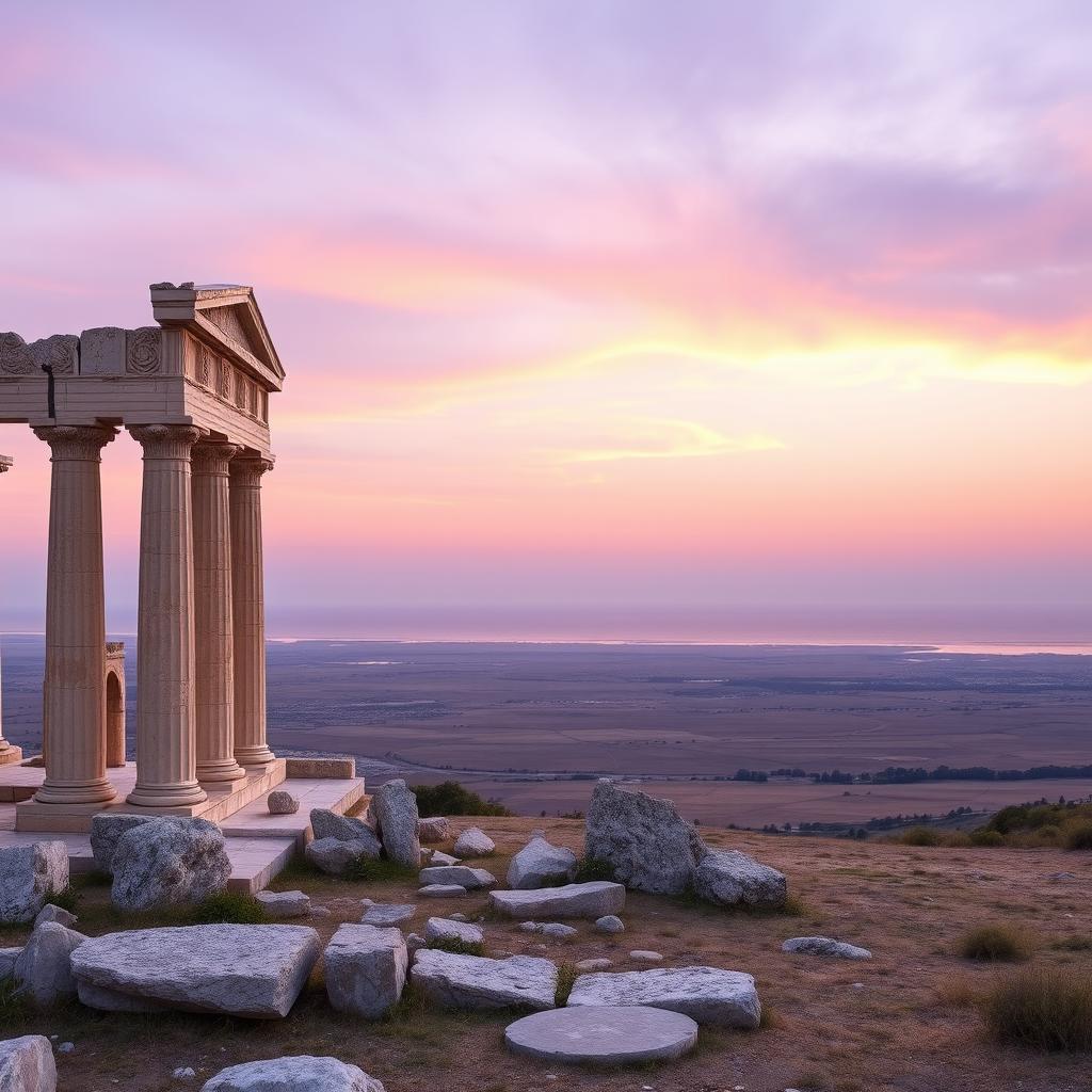 A panoramic view of the ruins of an ancient Greek temple set in a beautiful landscape