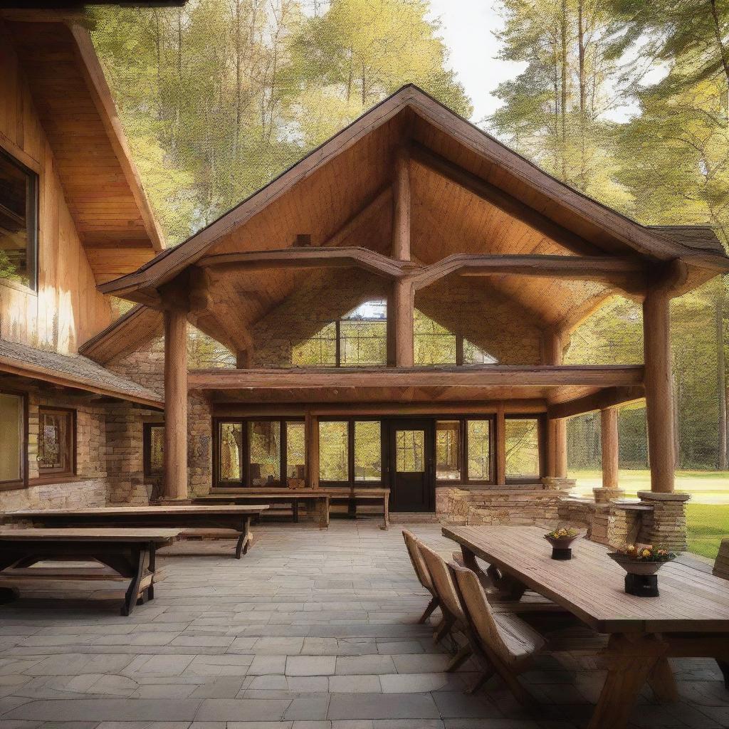 A large, welcoming camp administration building with an indoor gathering area featuring a cozy fireplace. A dining hall is attached, designed to comfortably accommodate 80 persons, expressing a feel of rustic elegance.