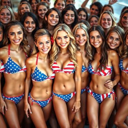 A lively and vibrant group photo featuring beautiful typical American girls wearing stylish bikinis with America-themed designs, prominently displaying the American flag print