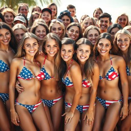 A lively and vibrant group photo featuring beautiful typical American girls wearing stylish bikinis with America-themed designs, prominently displaying the American flag print
