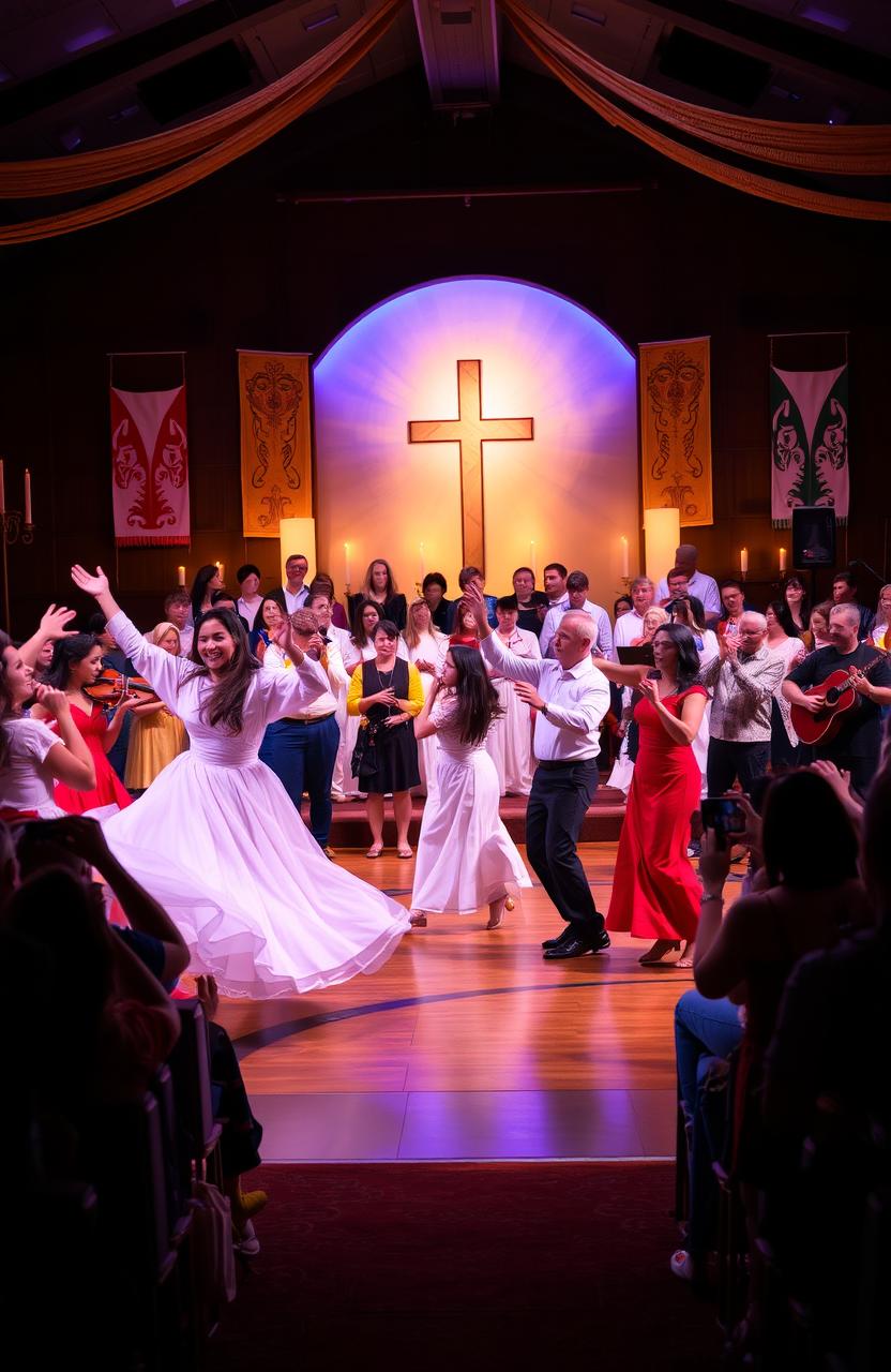 A vibrant and dynamic scene showcasing the fusion of Christian arts with dance, theater, and music