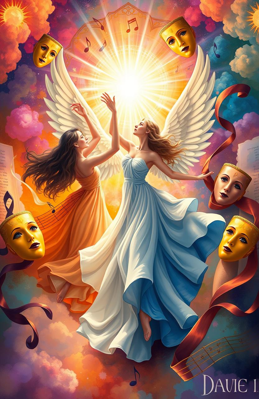 A beautifully illustrated representation of sacred Bible themes intertwined with symbols of dance, music, and theater