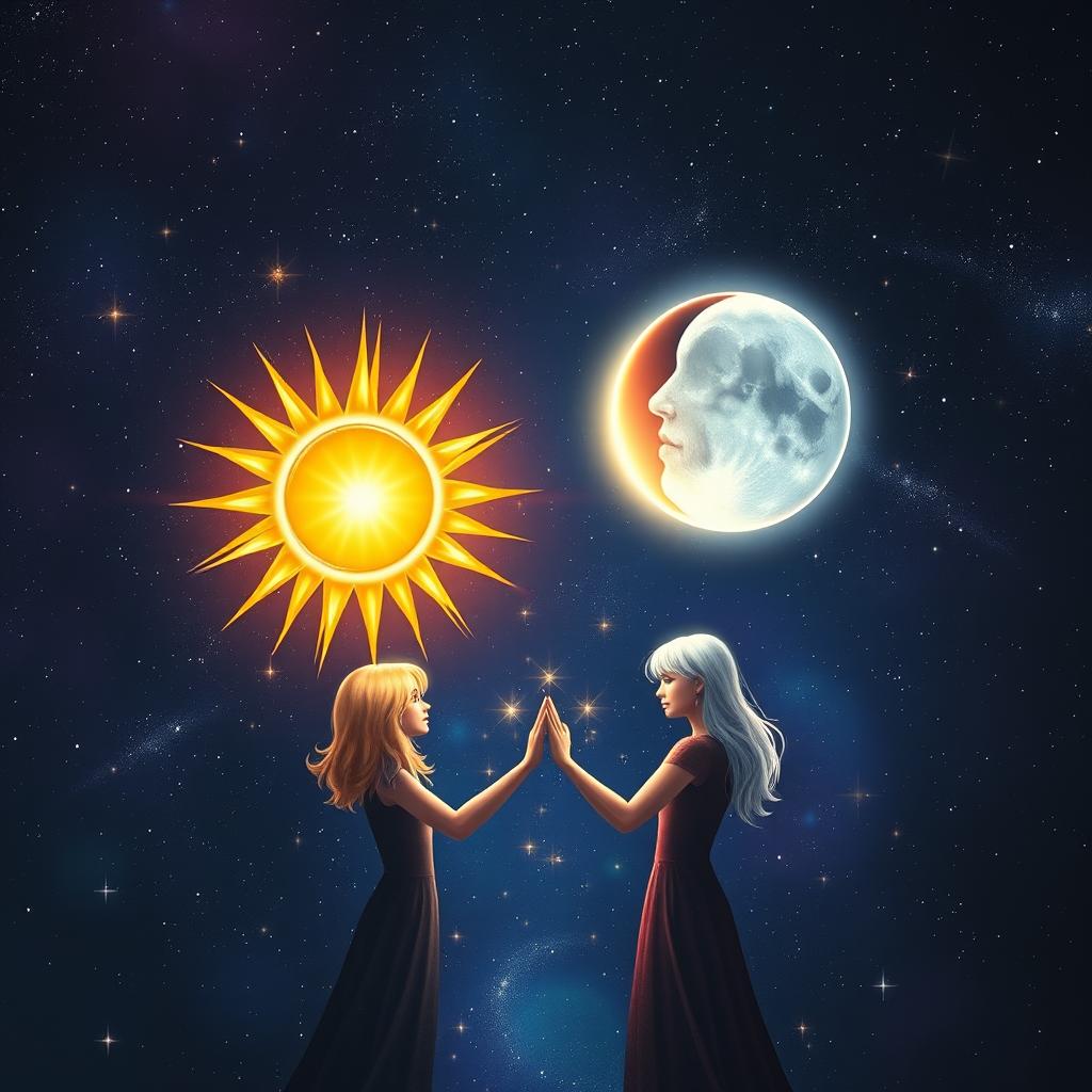A radiant sun and a serene moon float in the vast universe, their lights intertwining in a celestial eclipse