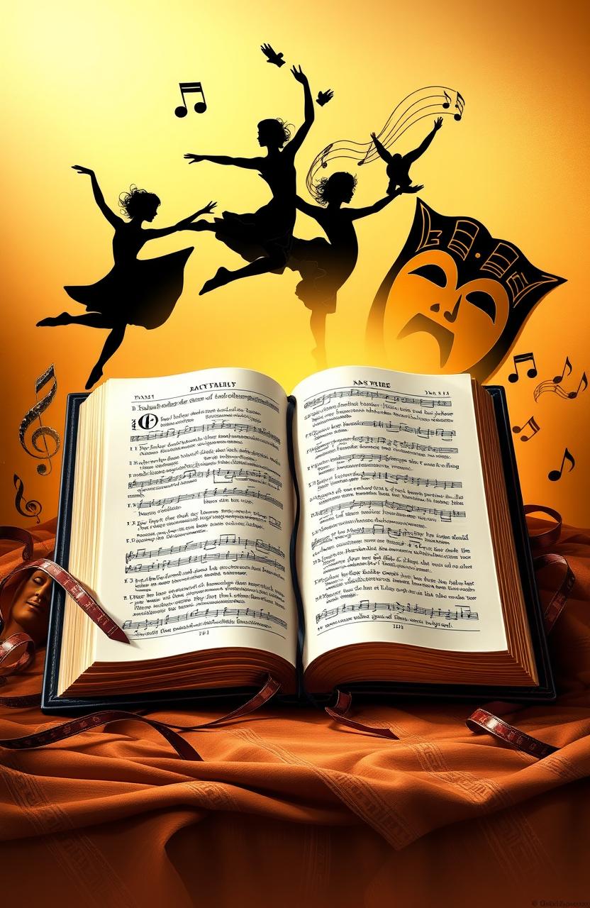 A realistic depiction of a sacred Bible, prominently displayed, surrounded by symbols representing dance, music, and theater