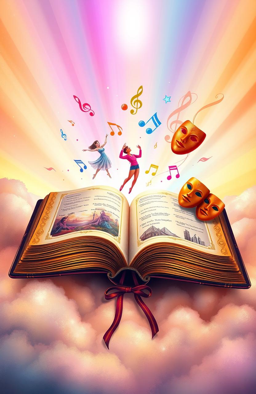 A beautifully illustrated representation of a sacred Bible, open and radiating light, surrounded by vibrant symbols of dance, music, and theater
