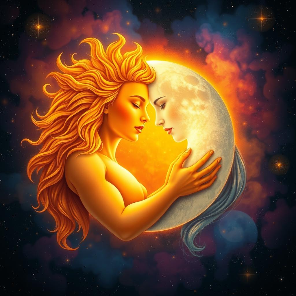 An eclipse scene where the sun and the moon are personified as beautiful soulmates, lovingly intertwined in a celestial embrace, with intricate details depicting their features