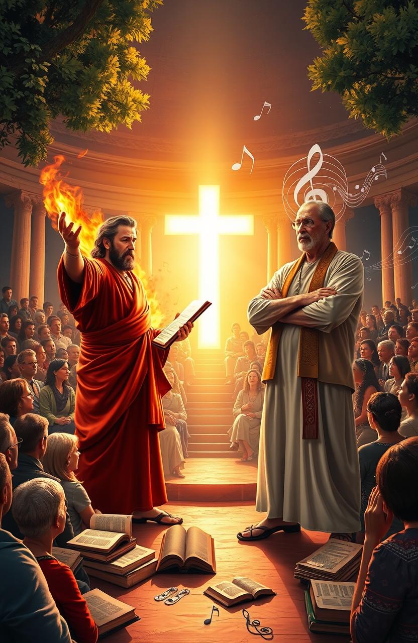A vibrant and powerful depiction of a religious debate between a fiery passionate orator representing religious beliefs and a thoughtful, contemplative figure symbolizing atheism