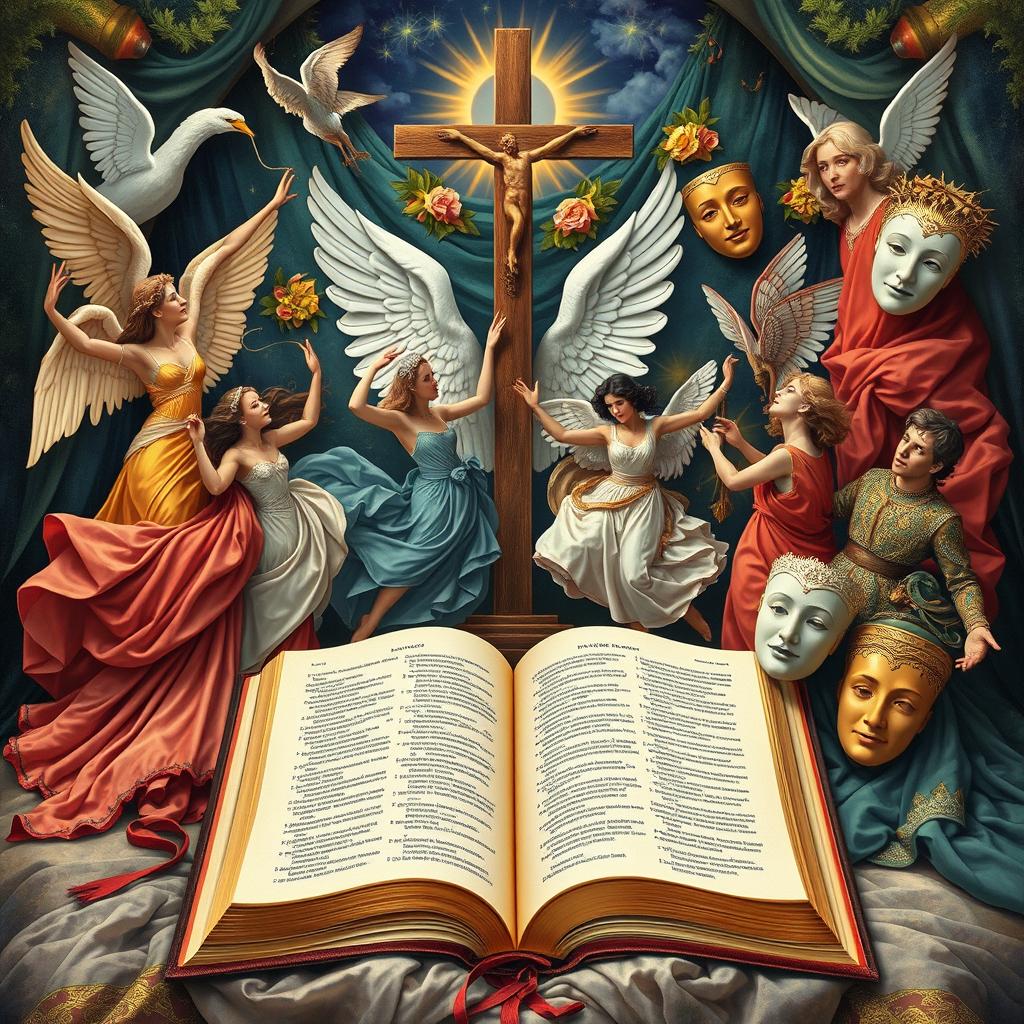 An artistic composition that combines elements of the sacred Bible with the themes of dance, music, and theater