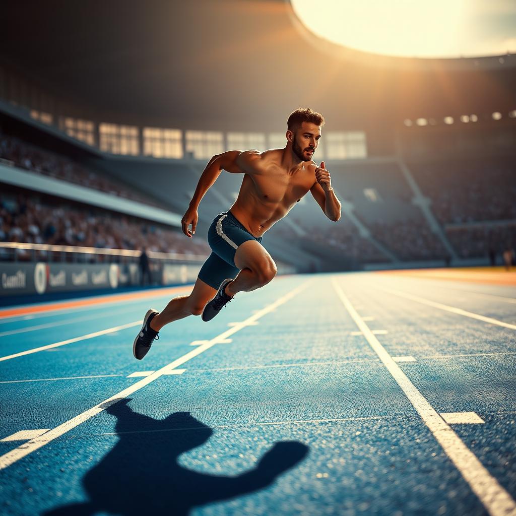 A powerful male athlete sprinting forward on a vibrant blue professional running track, captured in motion as he leaves the starting blocks behind