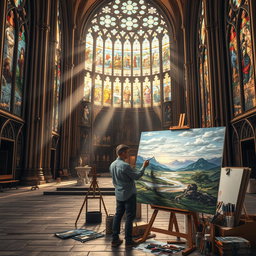 A stunning and immersive scene of Christian art, featuring a grand cathedral interior filled with beautifully crafted stained glass windows depicting biblical scenes