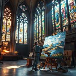 A stunning and immersive scene of Christian art, featuring a grand cathedral interior filled with beautifully crafted stained glass windows depicting biblical scenes