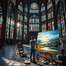 A stunning and immersive scene of Christian art, featuring a grand cathedral interior filled with beautifully crafted stained glass windows depicting biblical scenes