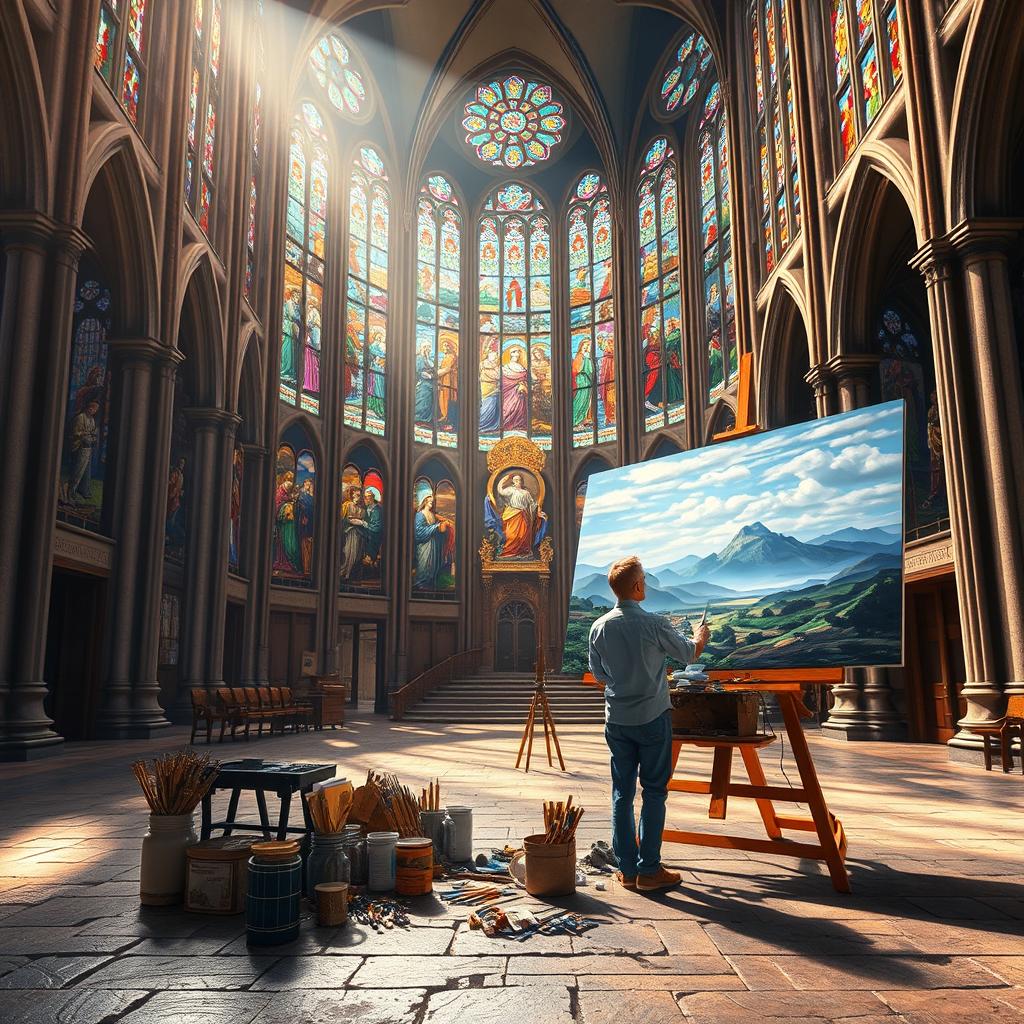 A stunning and immersive scene of Christian art, featuring a grand cathedral interior filled with beautifully crafted stained glass windows depicting biblical scenes