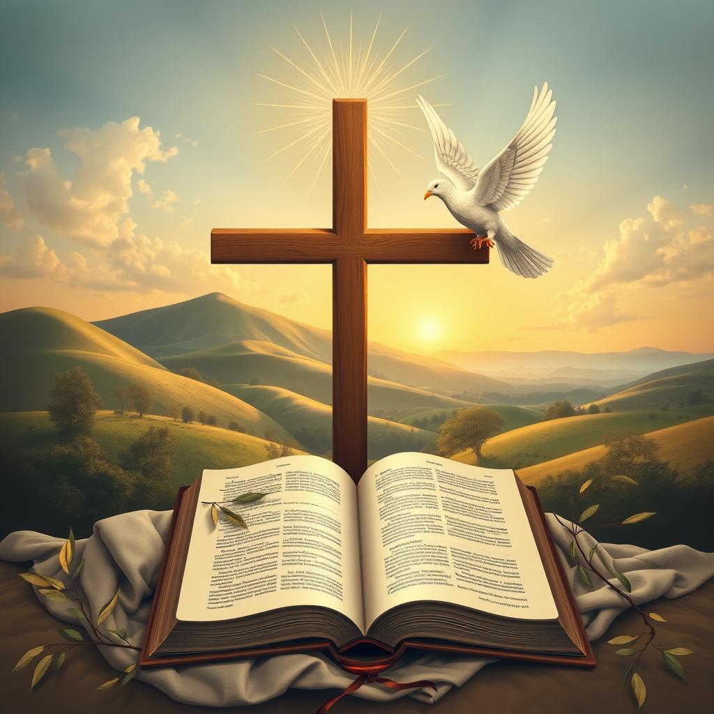 An exquisite depiction of Christian art, featuring iconic symbols such as the cross, a dove representing the Holy Spirit, and an open Bible with rays of light emanating from it