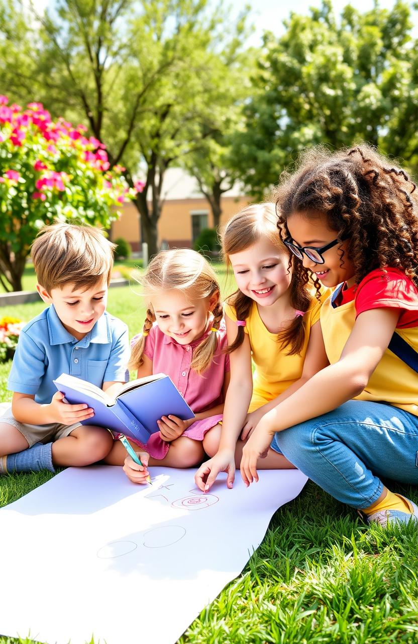 A cheerful scene of four school children, two boys and two girls