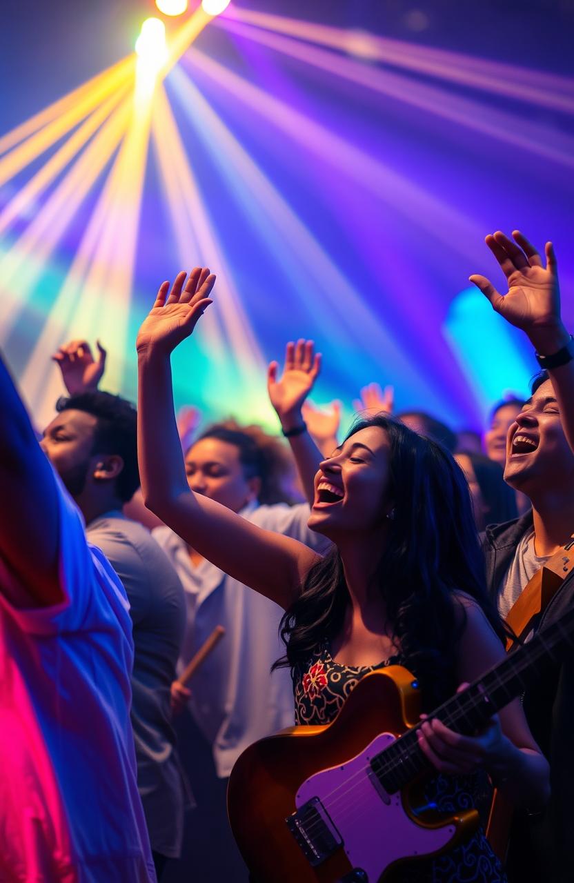 A vibrant and energetic scene depicting a diverse group of people engulfed in a moment of worship, expressing joy and devotion