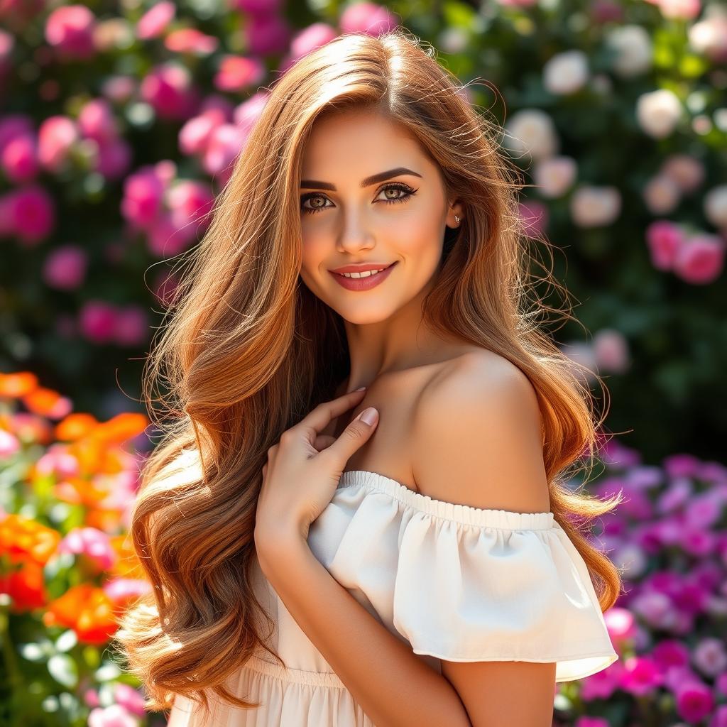 A beautiful young woman with long, flowing hair that is styled elegantly, showcasing soft waves and a healthy shine