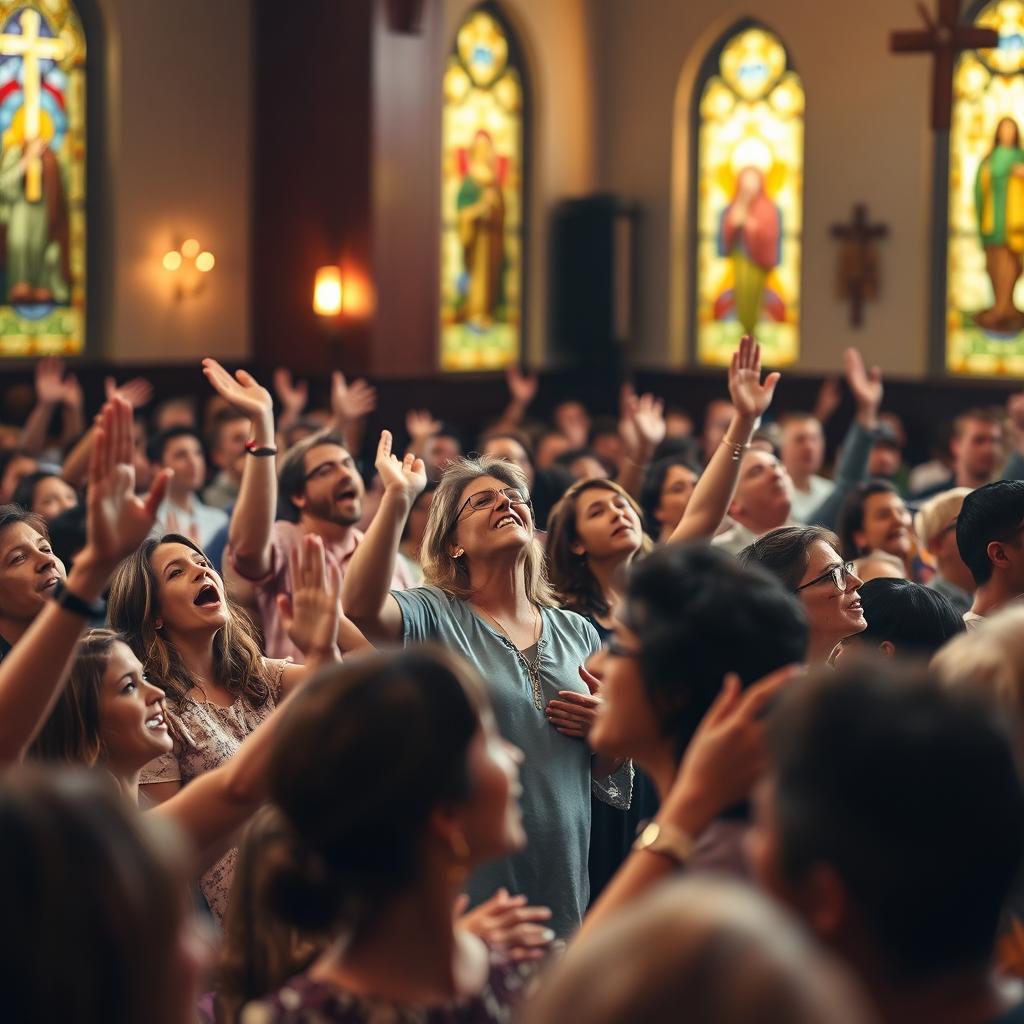 A vibrant and uplifting scene capturing a diverse congregation engaged in a Christian worship service, filled with joy and spiritual connection