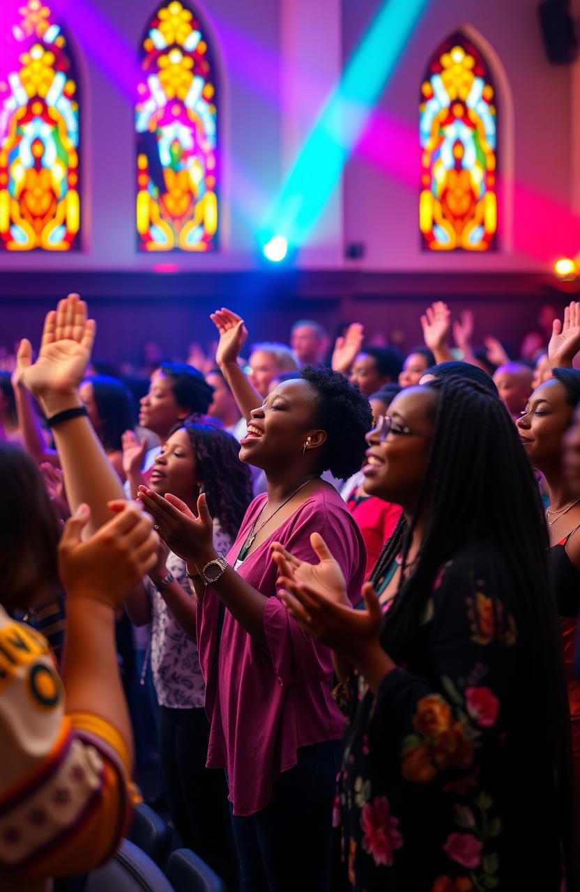 A vibrant scene depicting an immersive gospel worship experience, showcasing a diverse group of passionate worshipers in a lively church setting