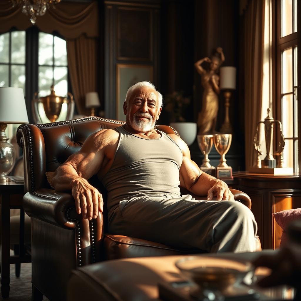 A confident old bodybuilder relaxing in a luxurious living room, showcasing impressive muscles and a charismatic smile