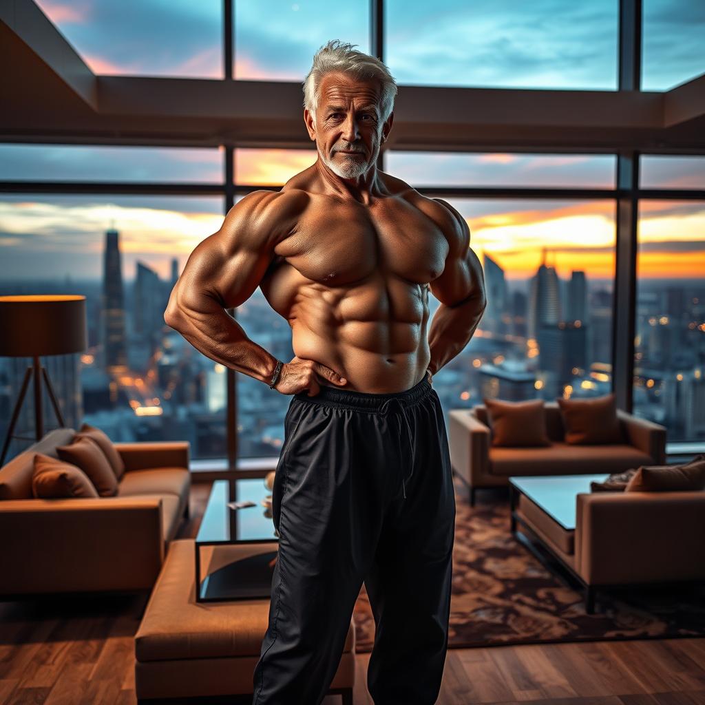 An elderly bodybuilder showcasing his impressive physique and confidence, standing proudly in a luxurious urban penthouse