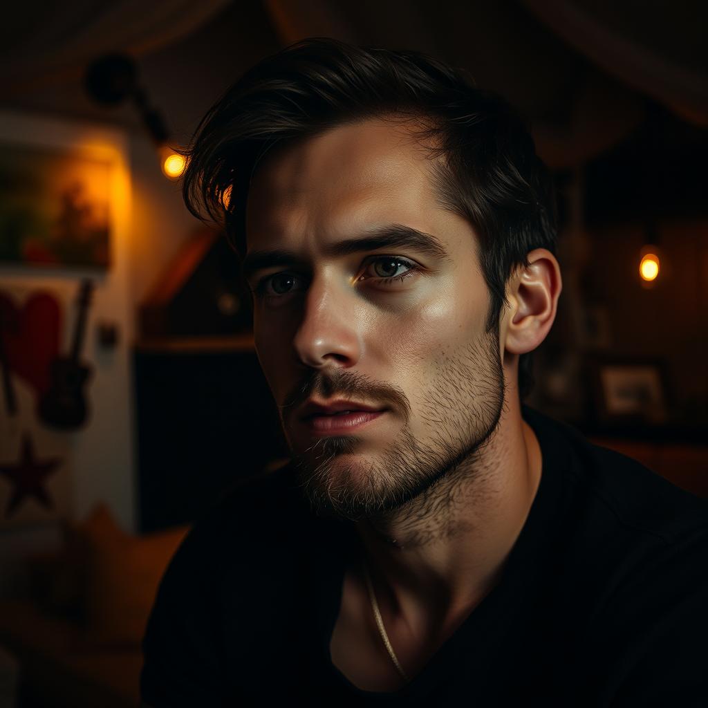 A thoughtful and introspective portrait of a male artist, capturing the essence of vulnerability and self-exploration