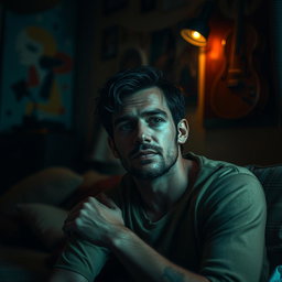 A thoughtful and introspective portrait of a male artist, capturing the essence of vulnerability and self-exploration