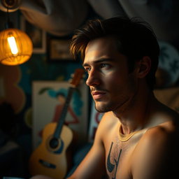 A thoughtful and introspective portrait of a male artist, capturing the essence of vulnerability and self-exploration