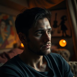 A thoughtful and introspective portrait of a male artist, capturing the essence of vulnerability and self-exploration