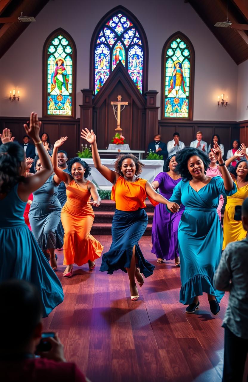 A vibrant and energetic gospel dance performance in a lively church setting
