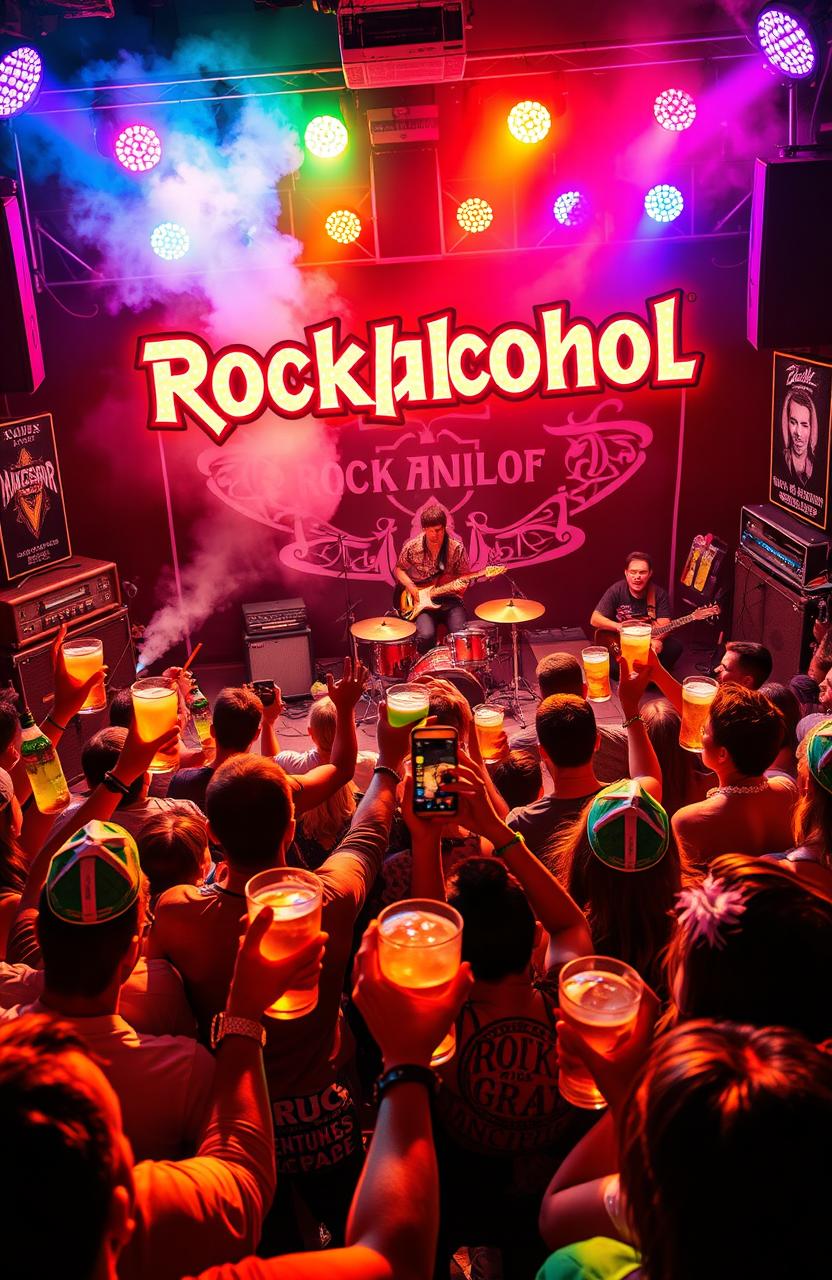A vibrant and creative interpretation of 'Rockalcohol', a fusion of rock music and alcohol culture