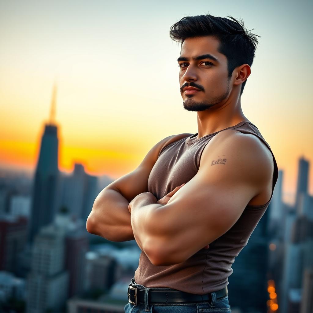 A confident, muscular young man standing tall with a proud posture, showcasing toned arms and a well-defined physique